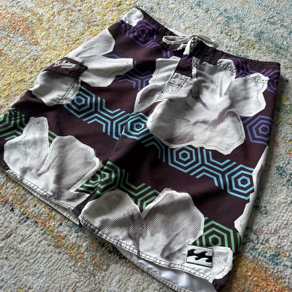 Y2K Surf Billabong Board Shorts Swim Trunks Size 34 Floral Geometric